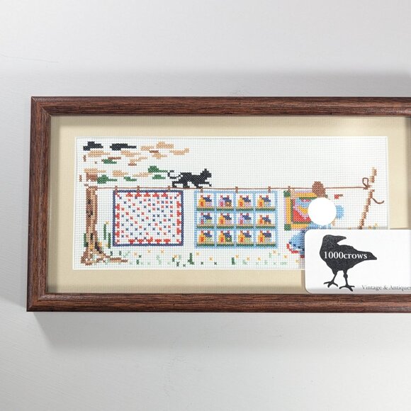 Small handmade cross-stitch picture black cat washing line, garden laundry day - Picture 6 of 8